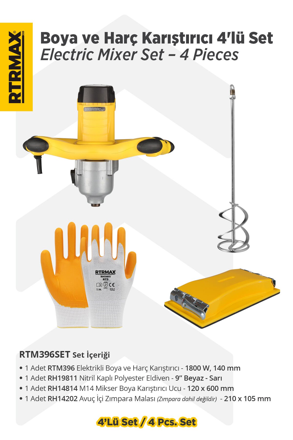 RTM3920SET Elektrikli Boya Karıştırıcı 4'lü Set - Eldiven-Boya Karıştırıcı Ucu-Zımpara Malası