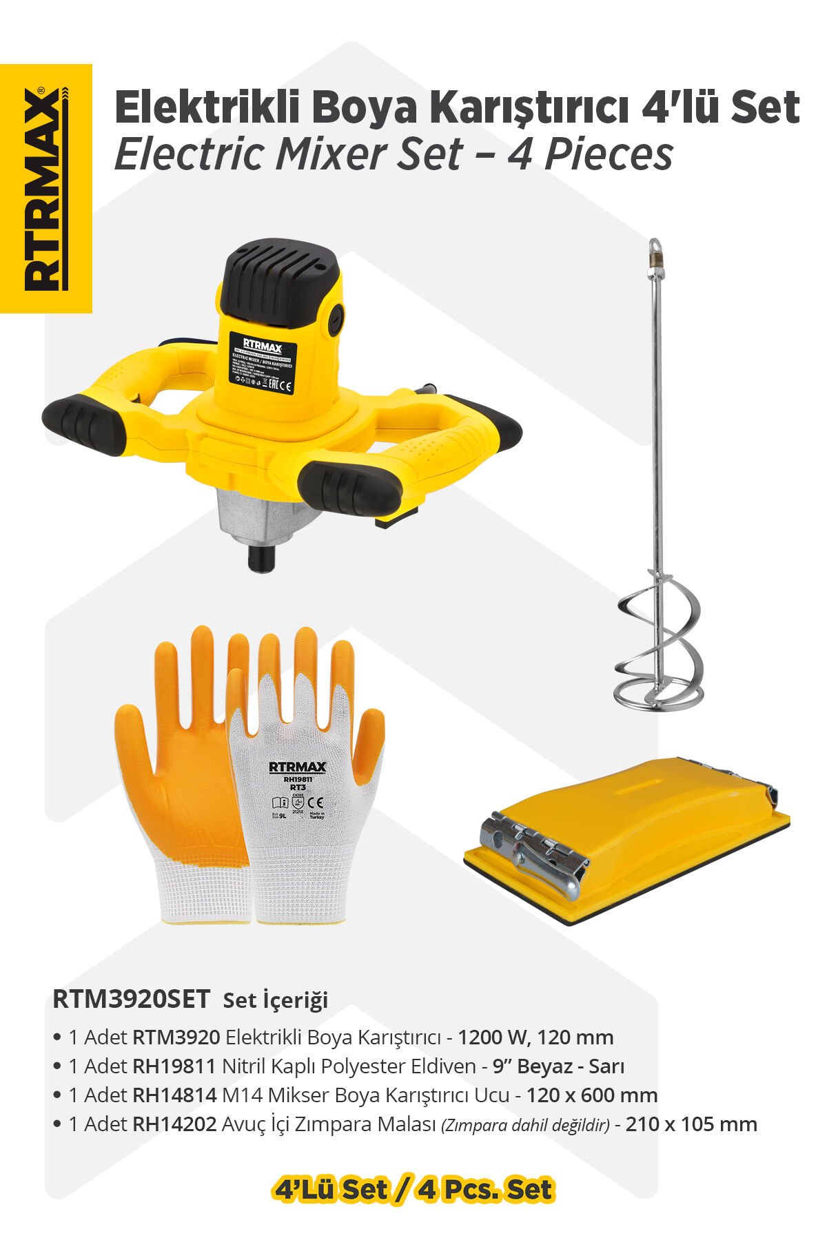 RTM3920SET Elektrikli Boya Karıştırıcı 4'lü Set - Eldiven-Boya Karıştırıcı Ucu-Zımpara Malası
