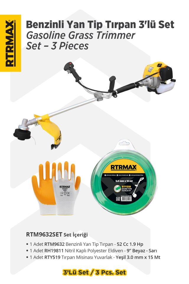 RTM9632SET Benzinli Yan Tip Tırpan 3'lü Set -Eldiven-Tırpan Misinası