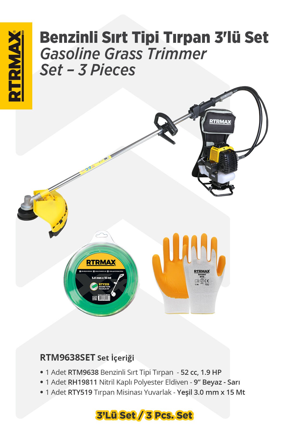 RTM9638 Benzinli Sırt Tipi Tırpan 52 Cc 1.9 Hp - (Tırpan Bıçağı, Misina Başlığı, Hediyeli)