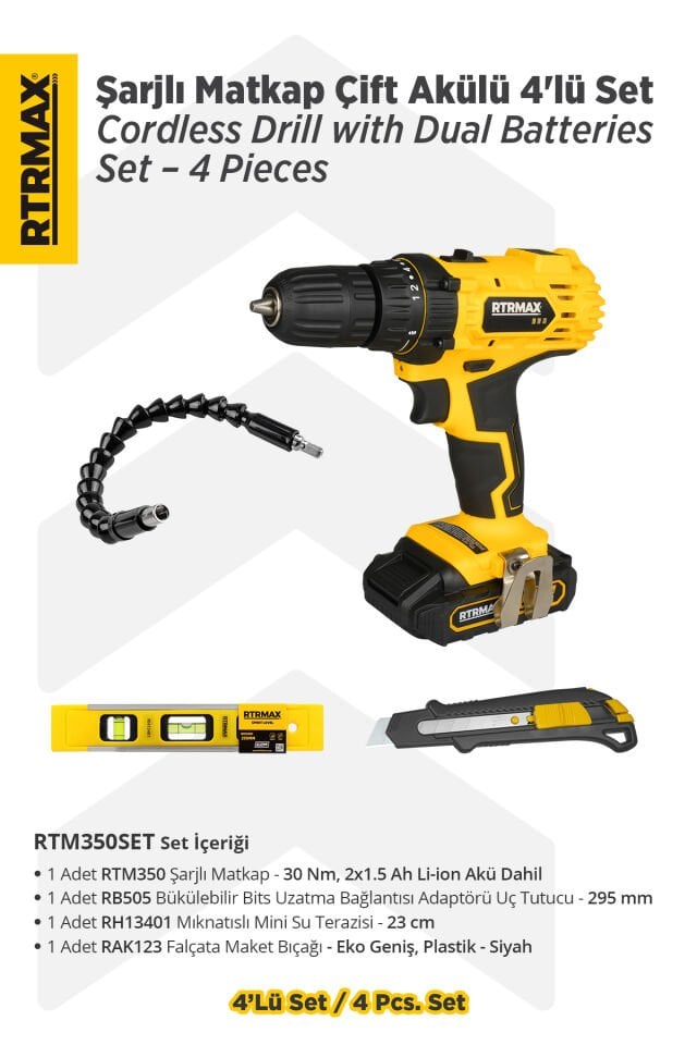 RTM350SET Şarjlı Matkap Çift Akülü 4'lü Set - Uç Tutucu-Mini Su Terazisi-Maket Bıçağı