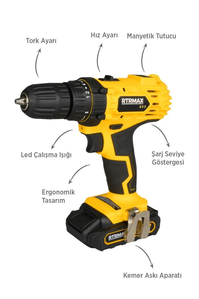 RTM350SET Şarjlı Matkap Çift Akülü 4'lü Set - Uç Tutucu-Mini Su Terazisi-Maket Bıçağı