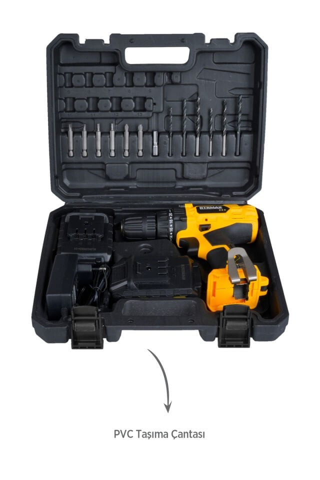 RTM350SET Şarjlı Matkap Çift Akülü 4'lü Set - Uç Tutucu-Mini Su Terazisi-Maket Bıçağı