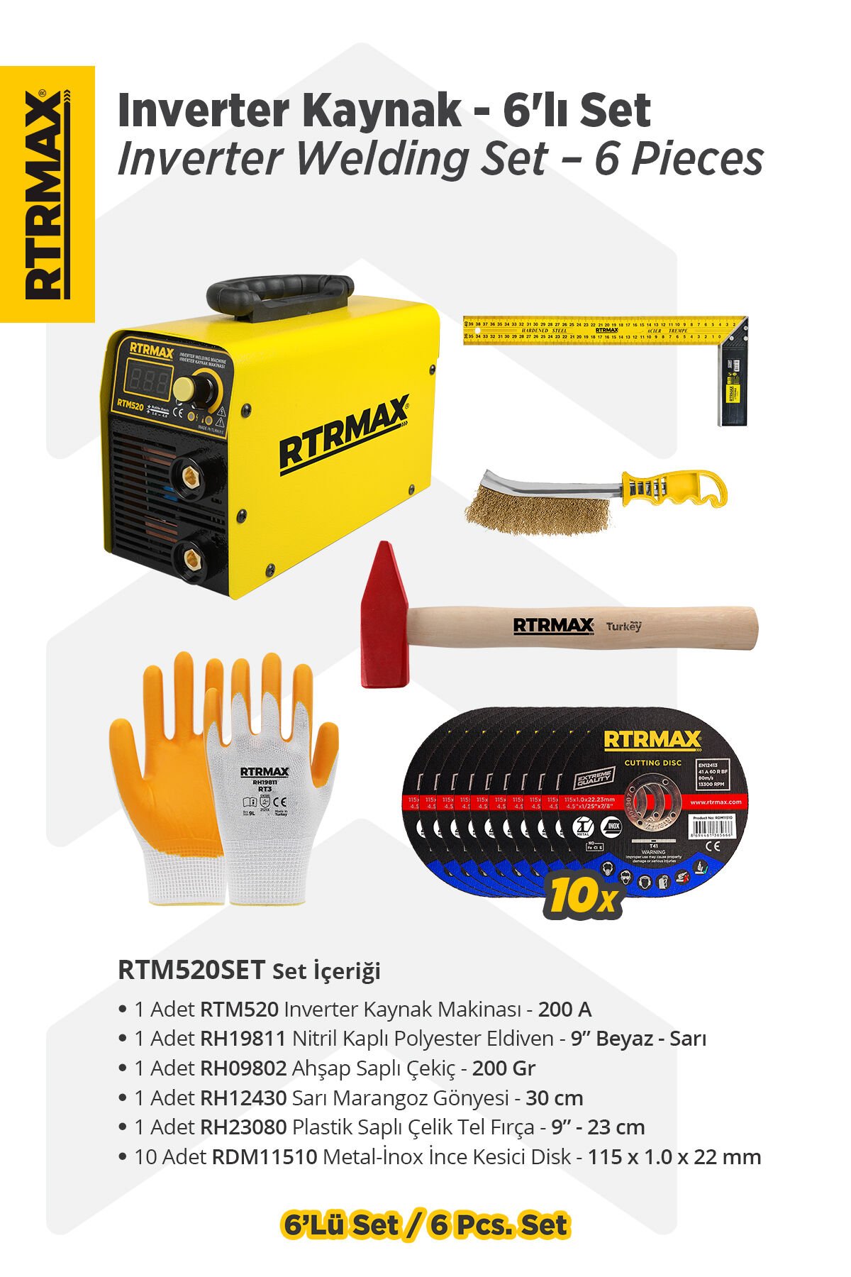 RTM520SET Inverter Kaynak Makinası - 6'lı Set -Eldiven-Çekiç-Gönye-Tel Fırça-Kesici Disk