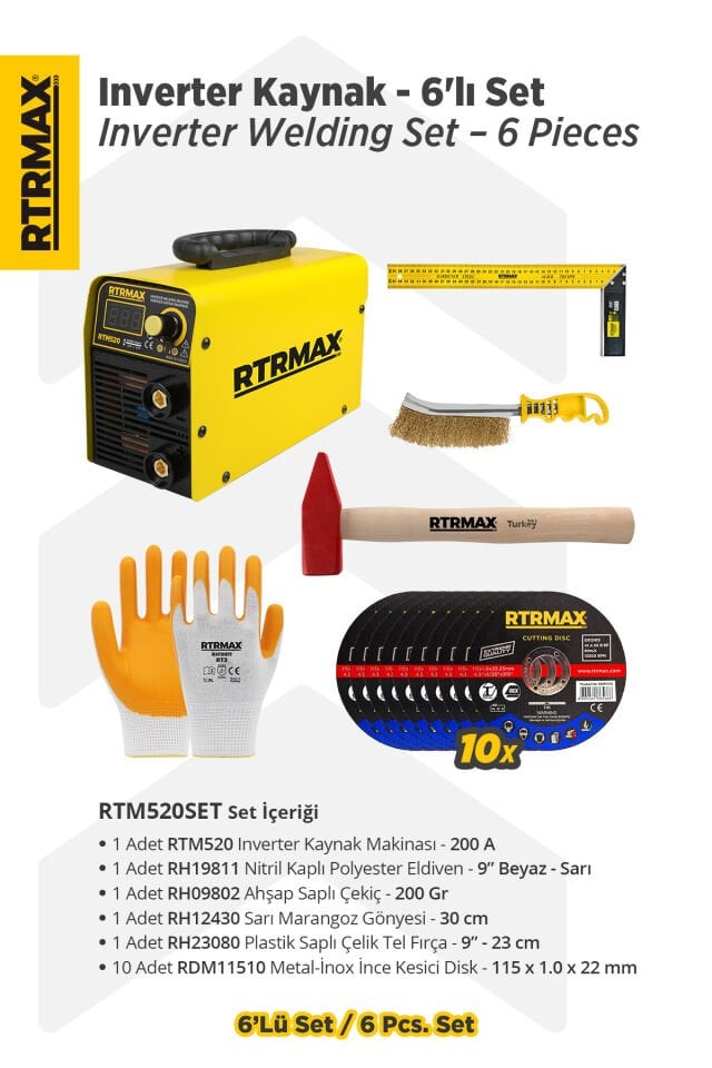 RTM520SET Inverter Kaynak Makinası - 6'lı Set -Eldiven-Çekiç-Gönye-Tel Fırça-Kesici Disk