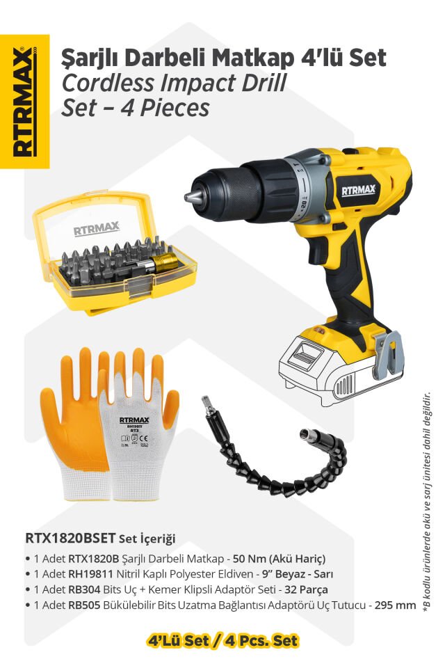 RTX1820BSET Şarjlı Darbeli Matkap 4'lü Set -Eldiven-Bits Uç + Kemer Klipsli Adaptör Seti-Uç Tutucu