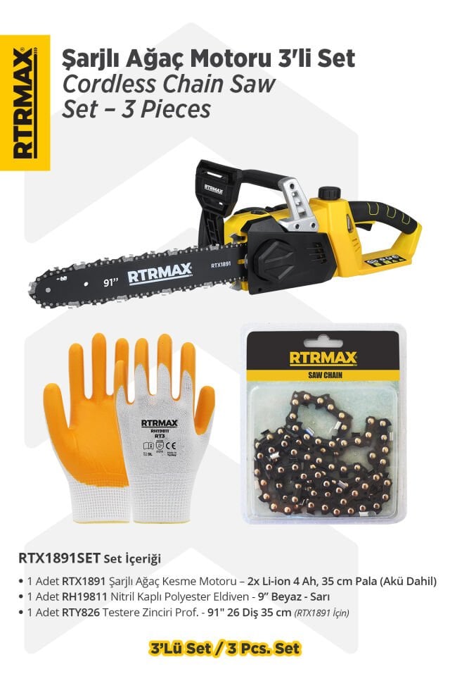 RTX1891SET Şarjlı Ağaç Kesme Motoru 3'li Set -Testere Zinciri-Eldiven