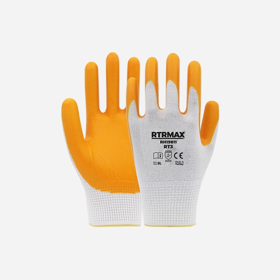 RH19811 Nitril Kaplı Polyester Eldiven 9” Beyaz - Sarı