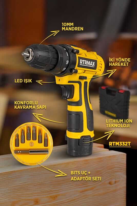 Akülü Vidalama Şarjlı Matkap Seti 12V  1.3Ah + Bits Uç Adaptör Seti 7 Parça | Çantalı